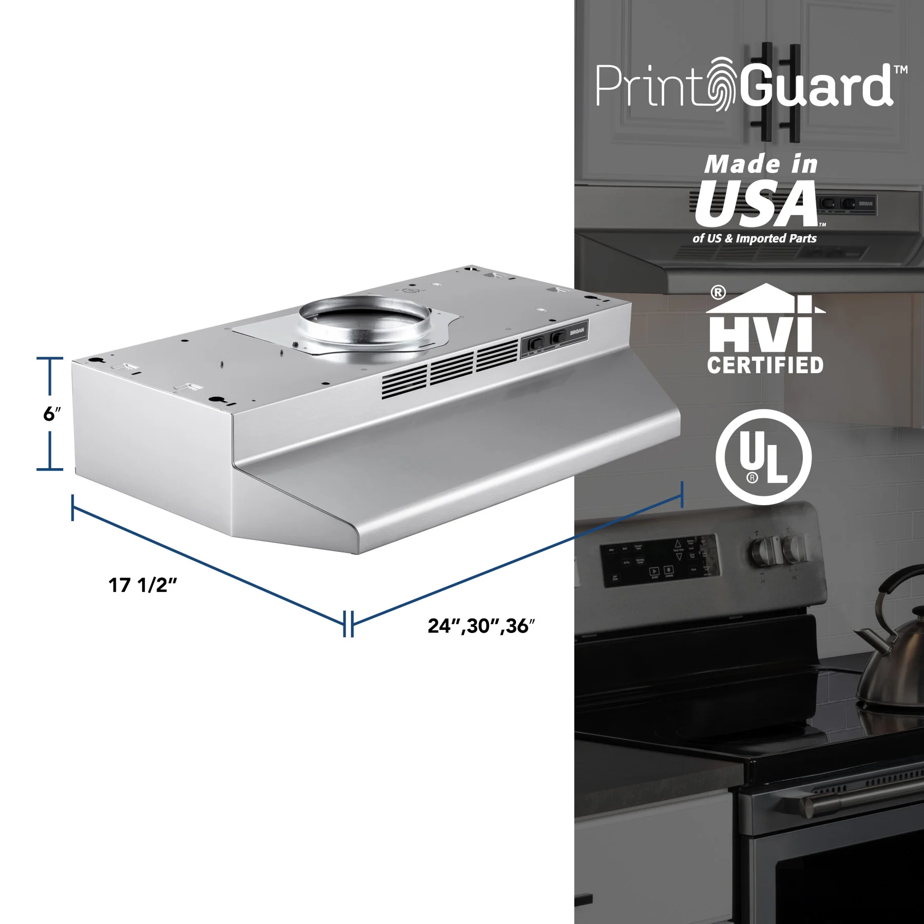 Broan® 30-Inch Convertible Under-Cabinet Range Hood, Stainless Finish with PrintGuard, 230 MAX Blower CFM - Image 3
